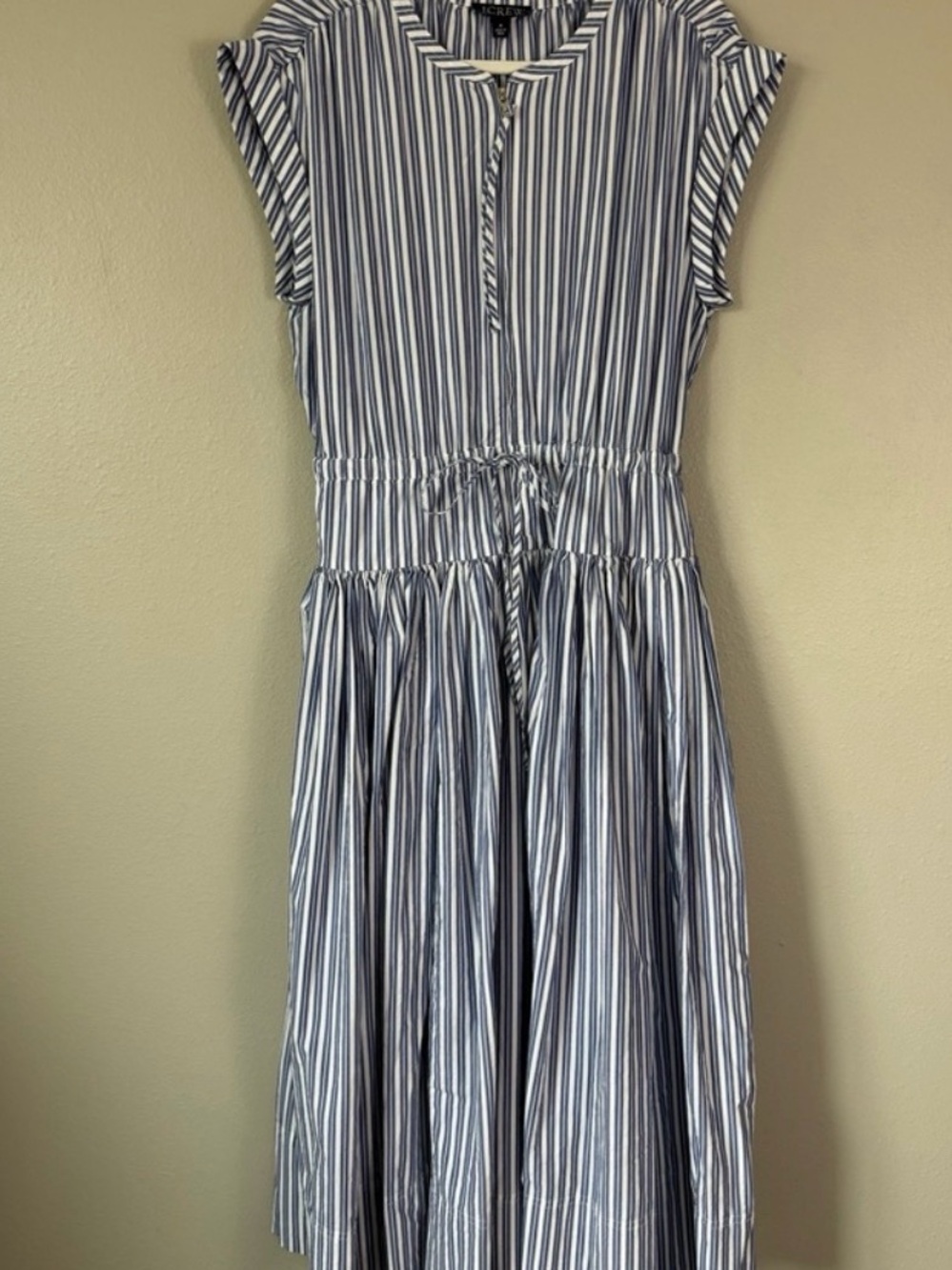 BNWT J. Crew Striped Blue & White Midi Dress with Gathered Waist - Picture 4 of 10